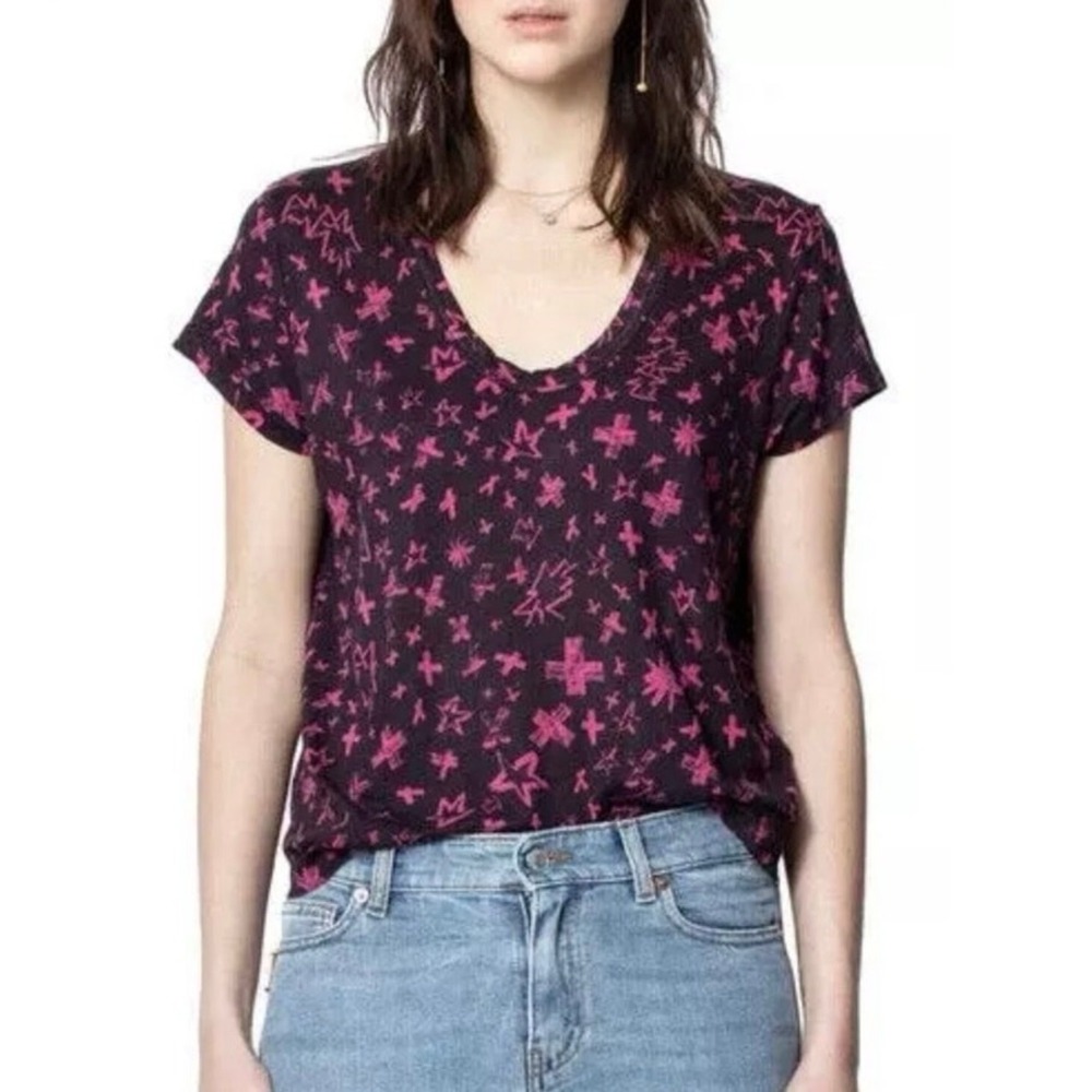 Zadig & Voltaire Rocker T-shirt women's XS stars crosses linen purple ArethaNEW